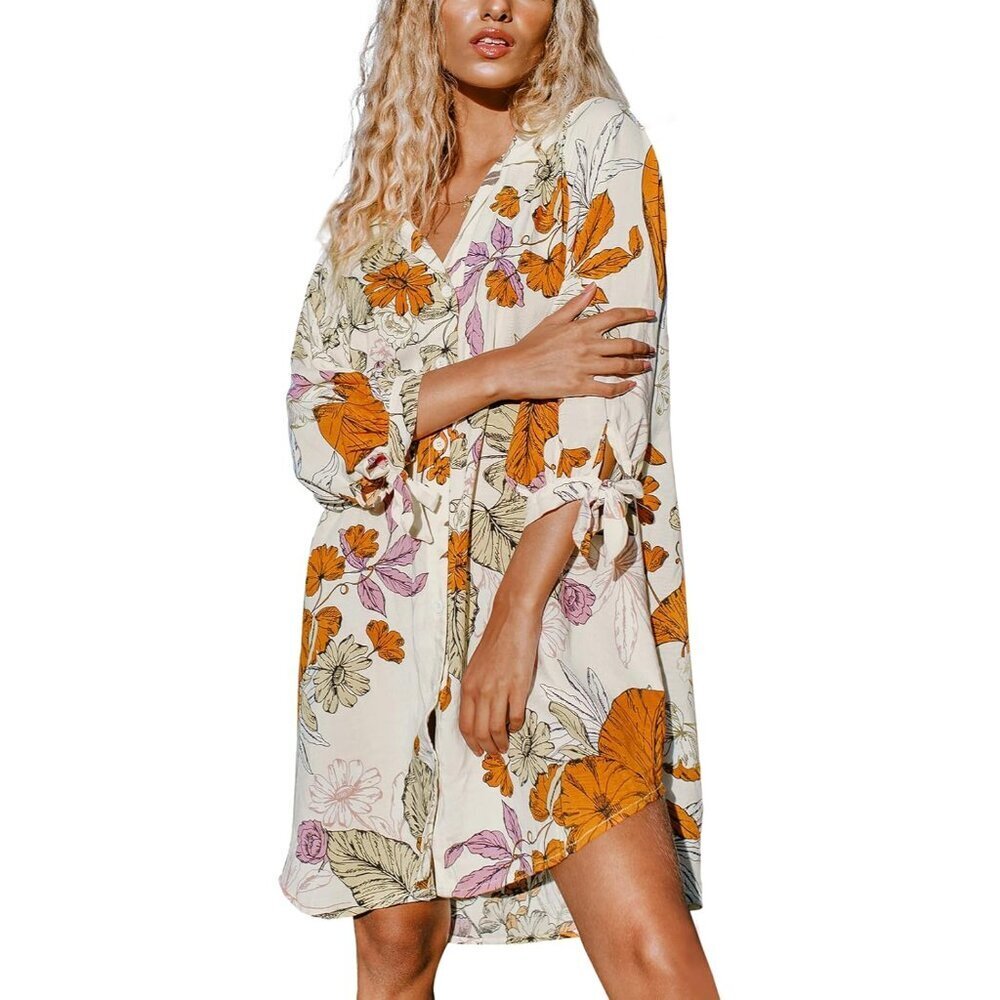 Women Summer Dress Cover Up Oversize Floral Shirt 3/4 Sleeve V-Neck